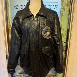 Vintage USMC Patchwork Men's Black Leather Jacket with Patch